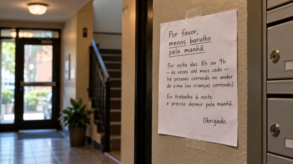 Bilhete afixado na área comum de um prédio residencial pedindo menos barulho pela manhã porque alguém trabalha à noite e precisa dormir.