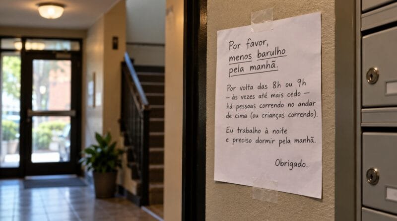 Bilhete afixado na área comum de um prédio residencial pedindo menos barulho pela manhã porque alguém trabalha à noite e precisa dormir.
