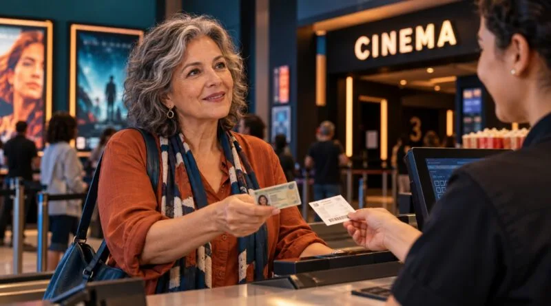 Mulher de cerca de 60 anos apresenta documento e recebe ingresso em bilheteria de cinema.