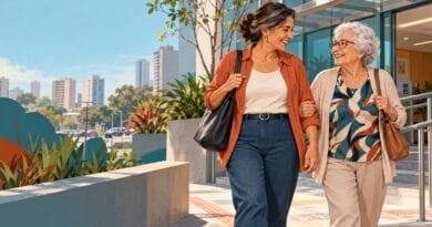 Mulher de cerca de 50 anos acompanhando uma mulher mais velha durante um compromisso cotidiano.