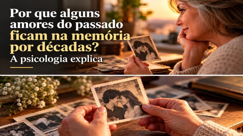Mãos de uma pessoa madura seguram uma fotografia antiga de um casal jovem sobre uma mesa com outras fotos.