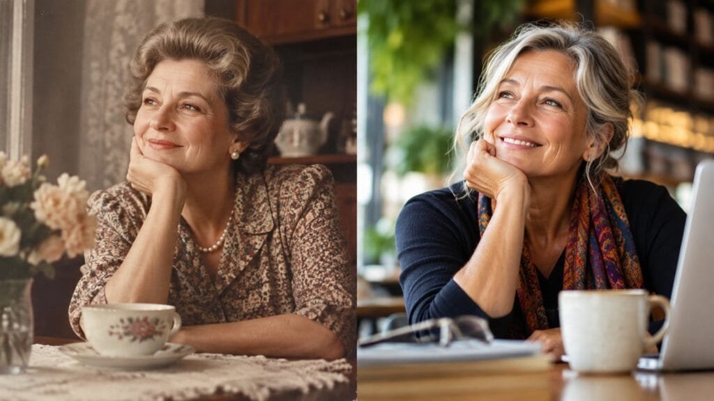 Duas mulheres de gerações diferentes representadas com aproximadamente a mesma idade