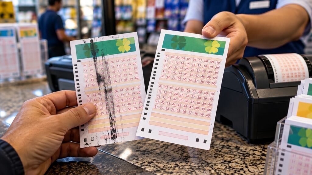 Duas mãos seguram bilhetes de loteria diante de um balcão, um com falha de impressão e outro sem defeitos.