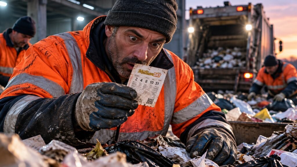 Ilustração de um trabalhador da limpeza urbana encontrando um bilhete de loteria entre resíduos, com um caminhão de lixo ao fundo.