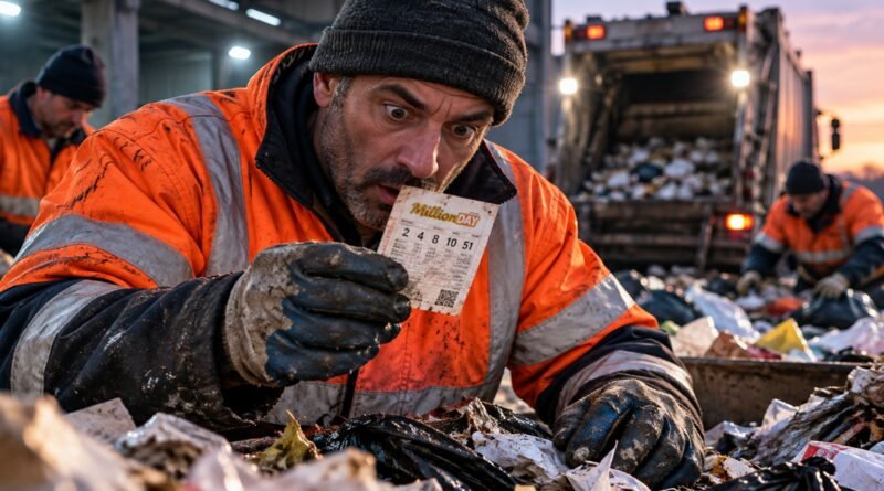 Ilustração de um trabalhador da limpeza urbana encontrando um bilhete de loteria entre resíduos, com um caminhão de lixo ao fundo.