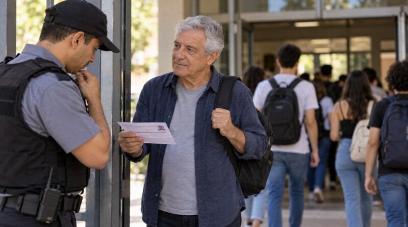 Homem mais velho mostra o comprovante de inscrição a um segurança na entrada de um local de vestibular, enquanto candidatos mais jovens entram ao fundo.