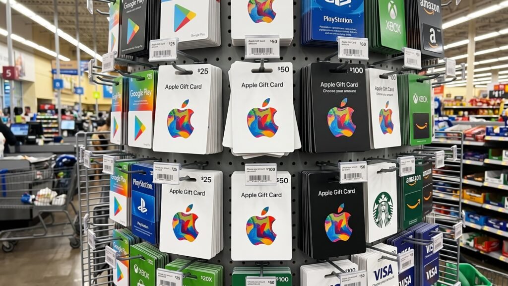 Cartões-presente da Apple, brancos e pretos, expostos em um suporte de loja ao lado de cartões de outras marcas.