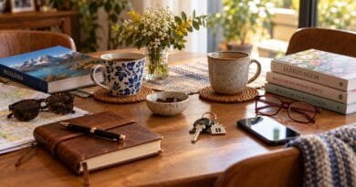 Duas xícaras de café, livros, óculos e chaves sobre uma mesa, representando duas vidas que começam a compartilhar o cotidiano.