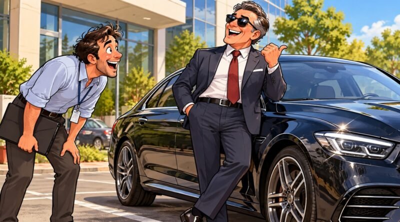 Funcionário admira o carro de luxo do chefe no estacionamento da empresa