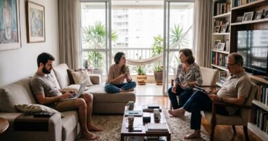 Casal maduro na sala enquanto filhos adultos permanecem na casa da família.