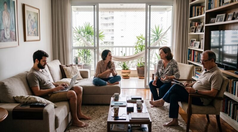 Casal maduro na sala enquanto filhos adultos permanecem na casa da família.