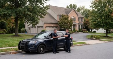 Dois policiais uniformizados conversam ao lado de uma viatura escura estacionada diante de uma casa em um bairro residencial americano. Imagem ilustrativa gerada por IA.