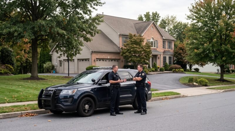 Dois policiais uniformizados conversam ao lado de uma viatura escura estacionada diante de uma casa em um bairro residencial americano. Imagem ilustrativa gerada por IA.