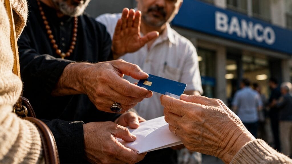 Pessoa idosa entrega cartão bancário a homem durante suposta benção na porta do banco.