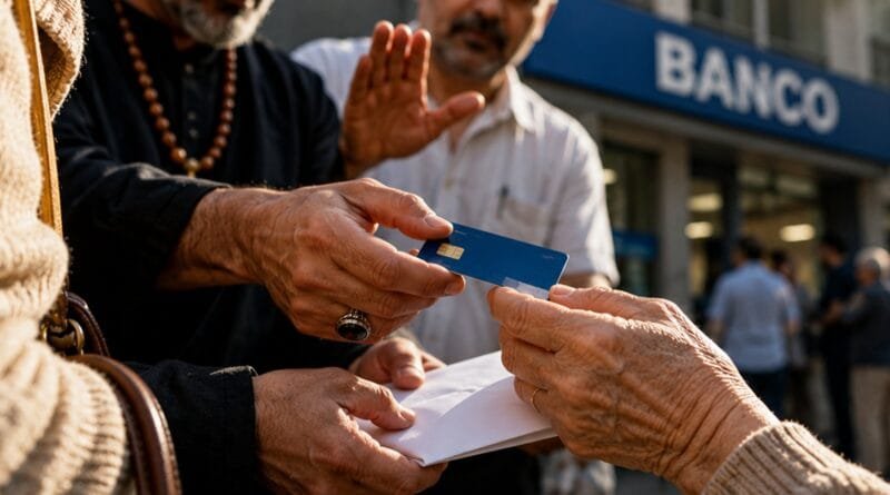 Pessoa idosa entrega cartão bancário a homem durante suposta benção na porta do banco.