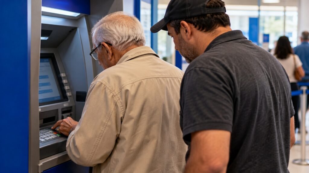Homem idoso utiliza caixa eletrônico em agência bancária enquanto outro homem permanece próximo, em cena ilustrativa de golpe bancário.
