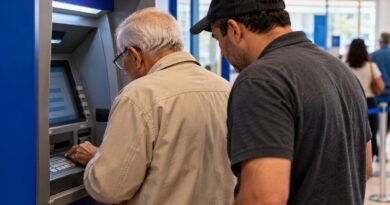 Homem idoso utiliza caixa eletrônico em agência bancária enquanto outro homem permanece próximo, em cena ilustrativa de golpe bancário.