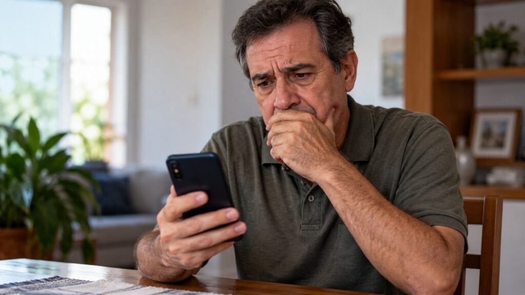 Homem maduro sentado à mesa olha para o celular com expressão preocupada.