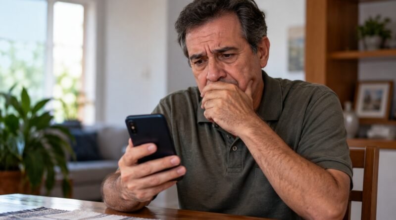 Homem maduro sentado à mesa olha para o celular com expressão preocupada.