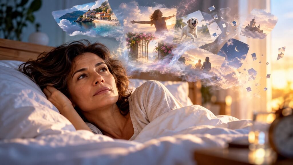 Mulher madura acordada na cama observa fragmentos de cenas de um sonho se dissolvendo no ar.