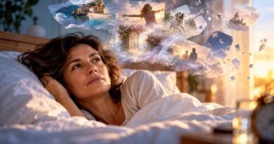 Mulher madura acordada na cama observa fragmentos de cenas de um sonho se dissolvendo no ar.