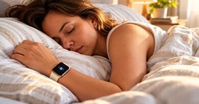 Mulher dormindo com um smartwatch no pulso, usado como despertador vibratório.