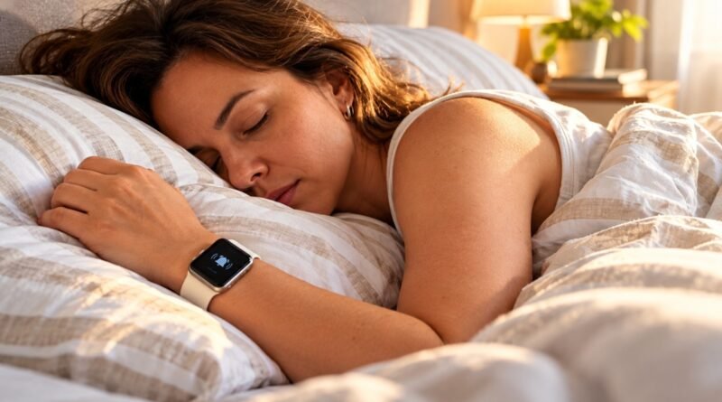 Mulher dormindo com um smartwatch no pulso, usado como despertador vibratório.